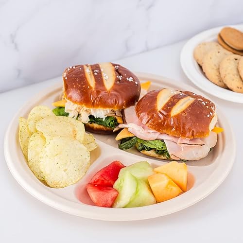 Miniatura 2 de KARAT EARTH Platos compostables de bagazo 10" - 500 ct 3 compartimentos, biodegradables, aptos para microondas, sin PFAS  Color natural