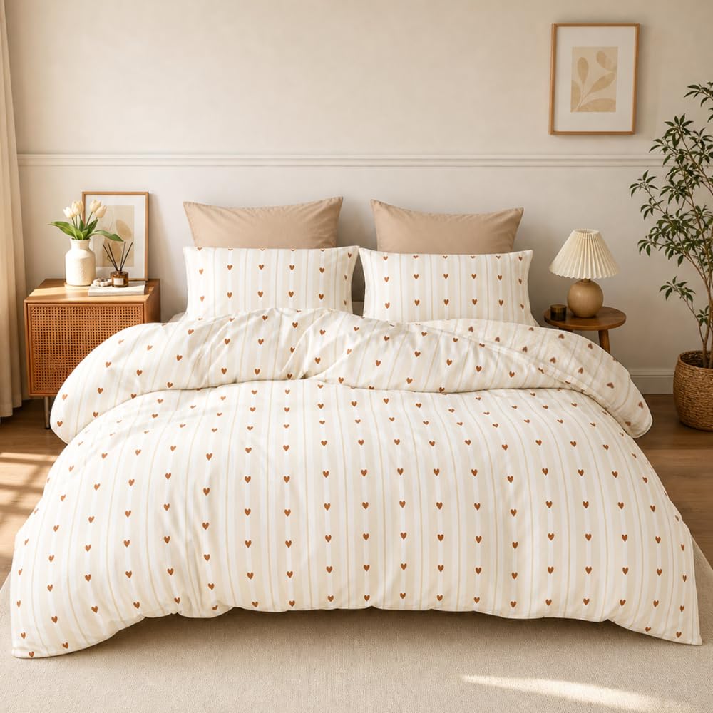 Michorinee Single Duvet Cover Set Brown Stripe Heart Girls Beige Bedding