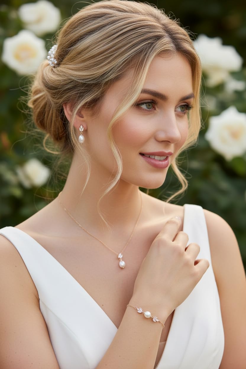 Rosegold 3er Perlen Schmuckset Halskette Ohrringe Armband Zirkonia Brautschmuck Hochzeit Kommunion Abiball Collier