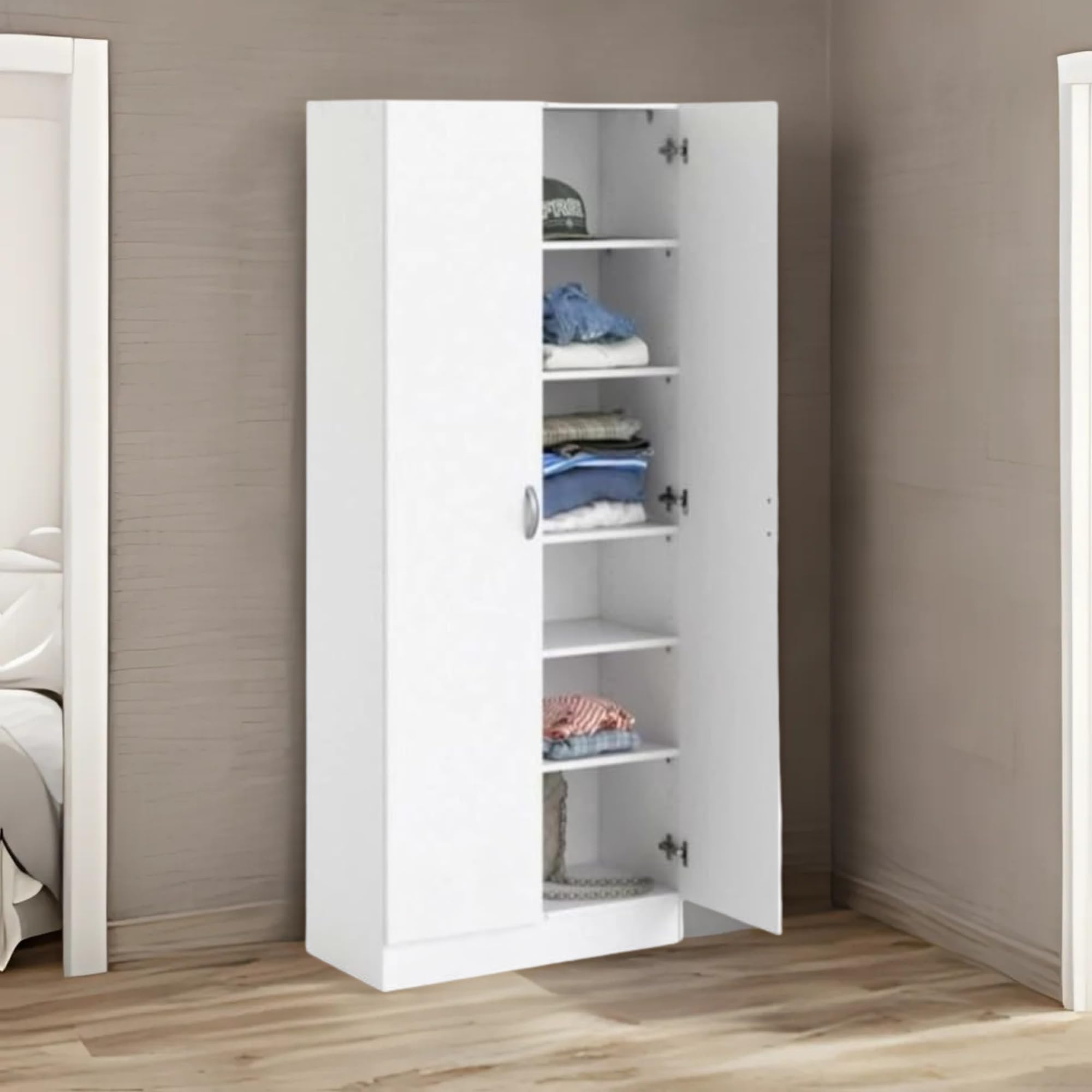 CASPIAN Engineered Wood 2 Door Wardrobe (White) | Pre-Assembled Furniture | Cupboard/Almirah for Bedroom, Office & Kid’s Room | Home Clothes Storage Organizer with 6 Removable Shelves