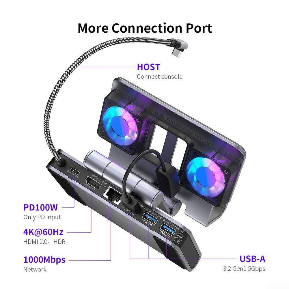 6-in-1 Gaming-Dockingstation, integrierter Lüfter und RGB-Beleuchtung, 4K@60Hz, 100W PD-Ladefunktion, verstellbarer Ständer, tragbare Dockingstation für Steam Deck(Schwarz)