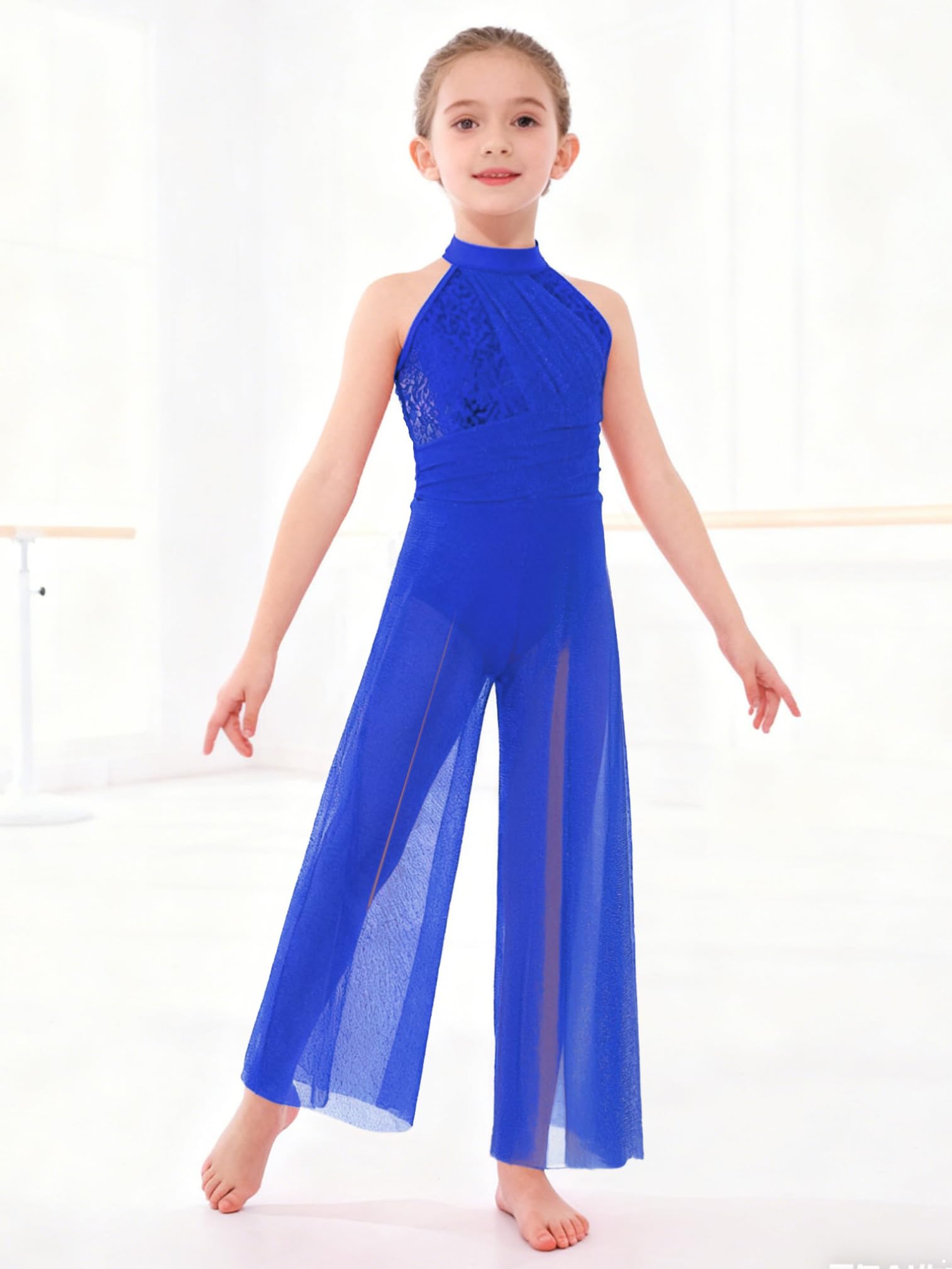 ranrann Enfant Fille Combinaison Danse Contemporaine Justaucorps sans Manches Paillette Unitard Danse Lyrique Ballet Combi Pantalon Jambes Larges