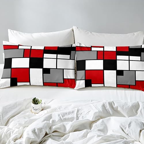 Miniatura 5 de Juego de funda de edredón cuadrada color gris, negro, rojo y blanco, tamaño Queen para niños y niñas, juego de ropa de cama de cuadrícula
