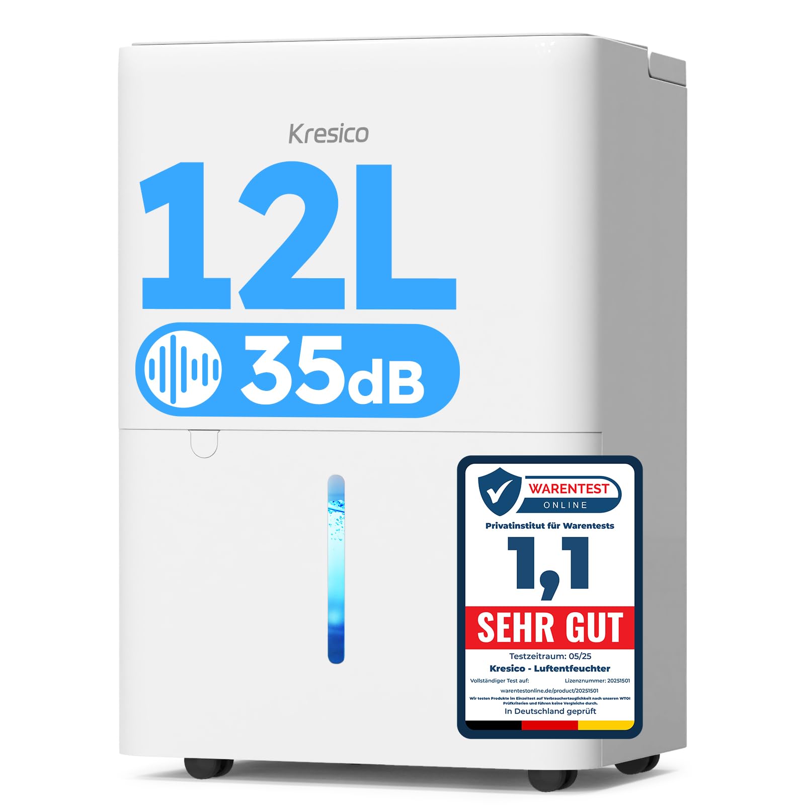 Kresico Luftentfeuchter elektrisch 12L/24h, Entfeuchter elektrisch 35dB, Raumentfeuchter für Räume ca. 122m³/25m², mit Ablaufschlauch, Timer, Filter, auto Abtauen, Kältemittel R290, 10 J. Gar.