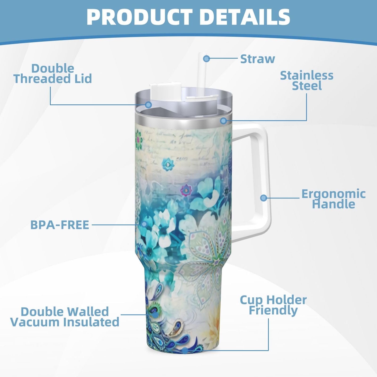 PTONUIC Vaso de pavos reales y flores de 40 onzas con asa y tapa con popote, taza aislada reutilizable de acero inoxidable, botella de agua, taza de viaje, apta para portavasos, regalos para mujeres y