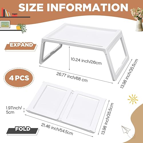 Miniatura 2 de Paquete de 4 bandejas plegables para desayuno en la cama, bandejas de plástico para regazo, patas plegables con asas, bandejas de alimentos para