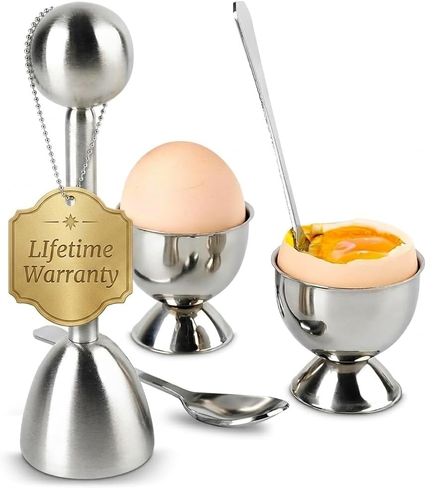 Egg Shell Opener Set, 2 Cups and 2 Spoons, Stainless Steel