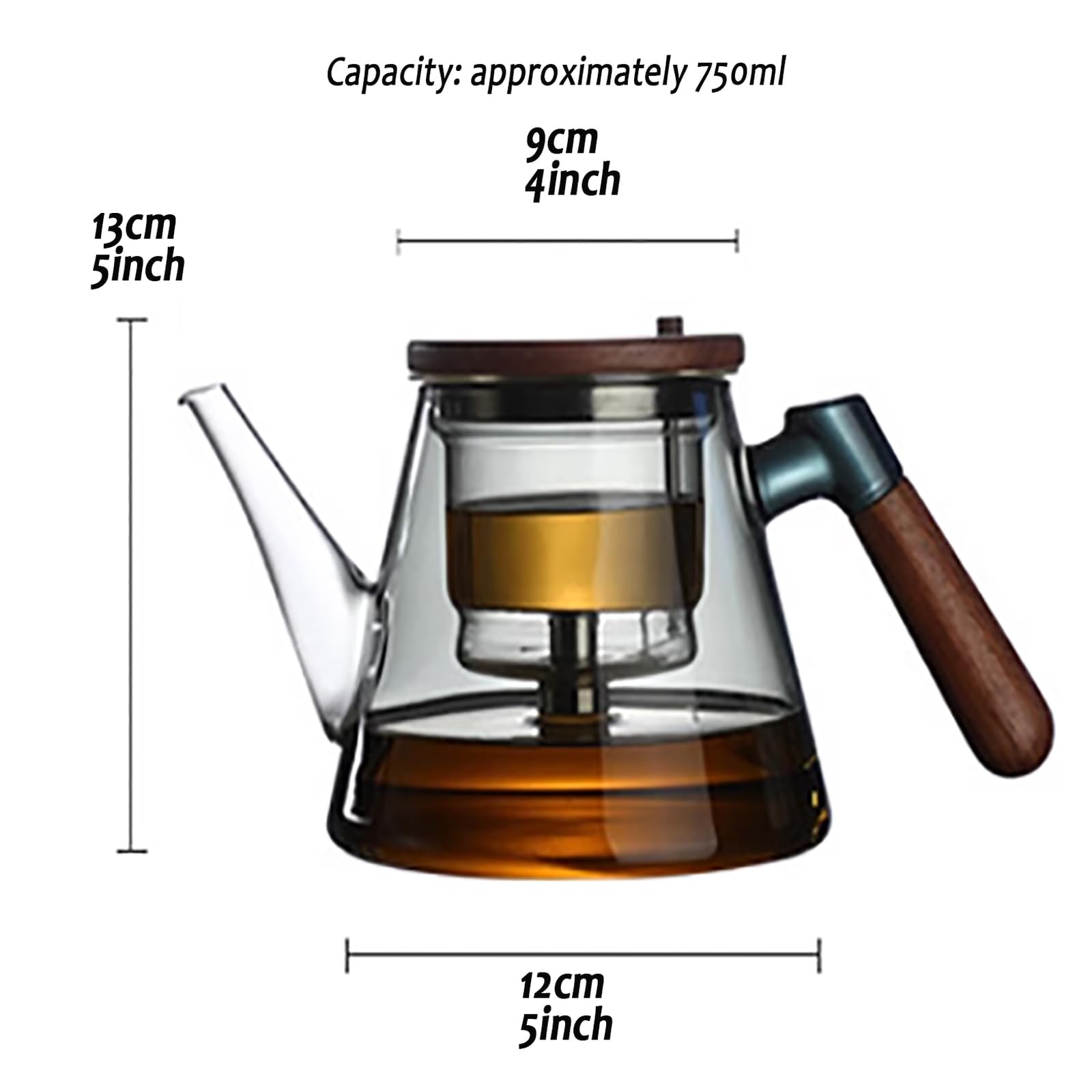 750-ml-Teekanne aus Glas mit Teesieb, hitzebeständiges Borosilikatglas, 6 passende Tassen, Holzgriff und -Deckel, halbautomatisch, Tee-Wasser-Trennung