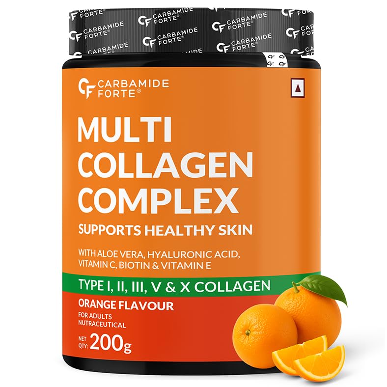 Carbamide Forte Hydrolyzed Multi Collagen Powder With Marine Collagen, All 5 Types of Collagen Peptides Included - TYPE I, II, III, V, X Collagen Supplements for Women & Men, Orange Flavor - 200g-image-21