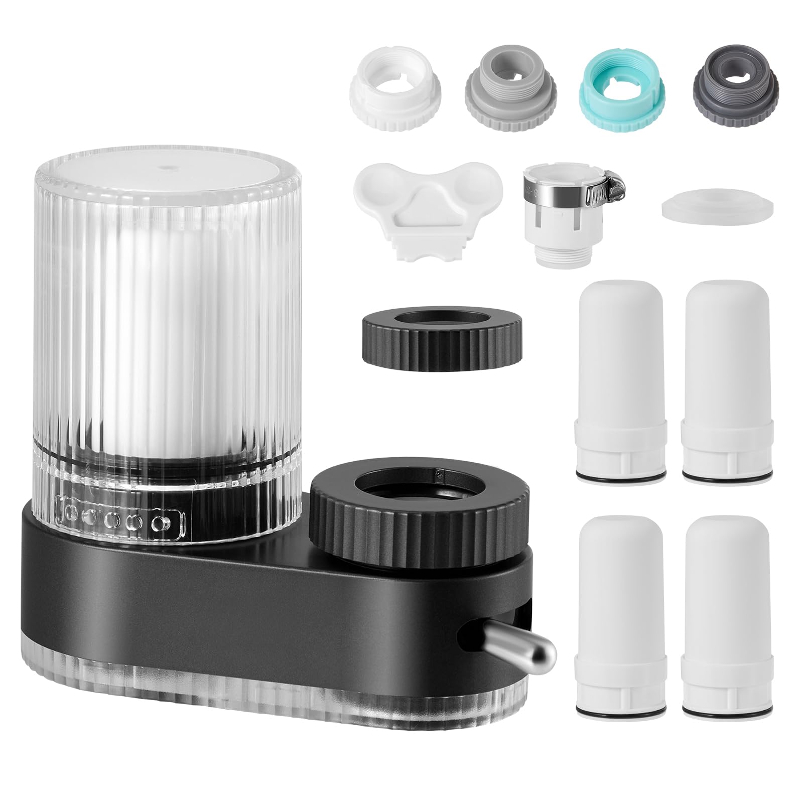 Water Filter Tap with 7 Layer Long-Life Tap Water Filter System for UK Taps, 304 Stainless Steel & High Precision Ceramic Filter Reduces Chlorine and Odor - Fits Standard Faucets (4 Filters Included)