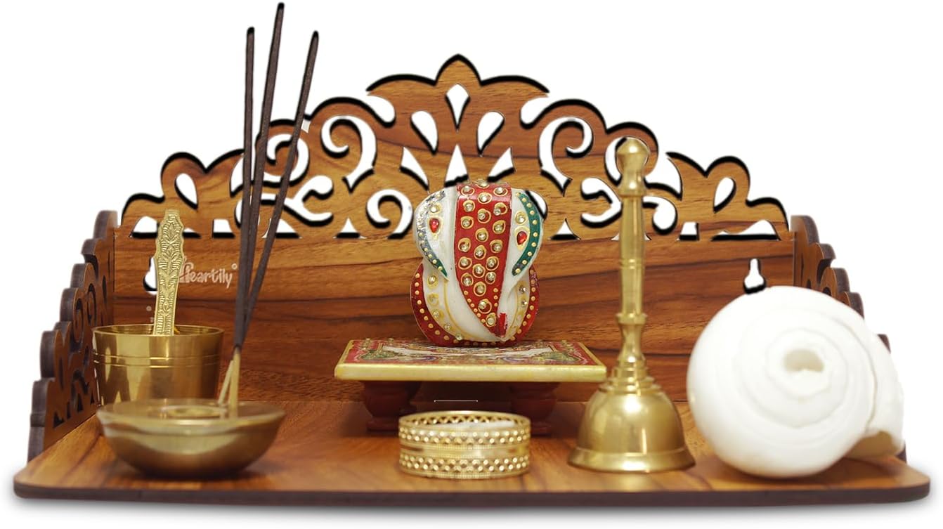 Heartily® : Rudra Wall Mounted Wooden Home Pooja Temple Mandir Puja Room Items Stand Home Decor Office Chowki Shelf Hanging Product (Height- 6.25, Length- 12, Width-9.0 Inch) (Brown), Religious