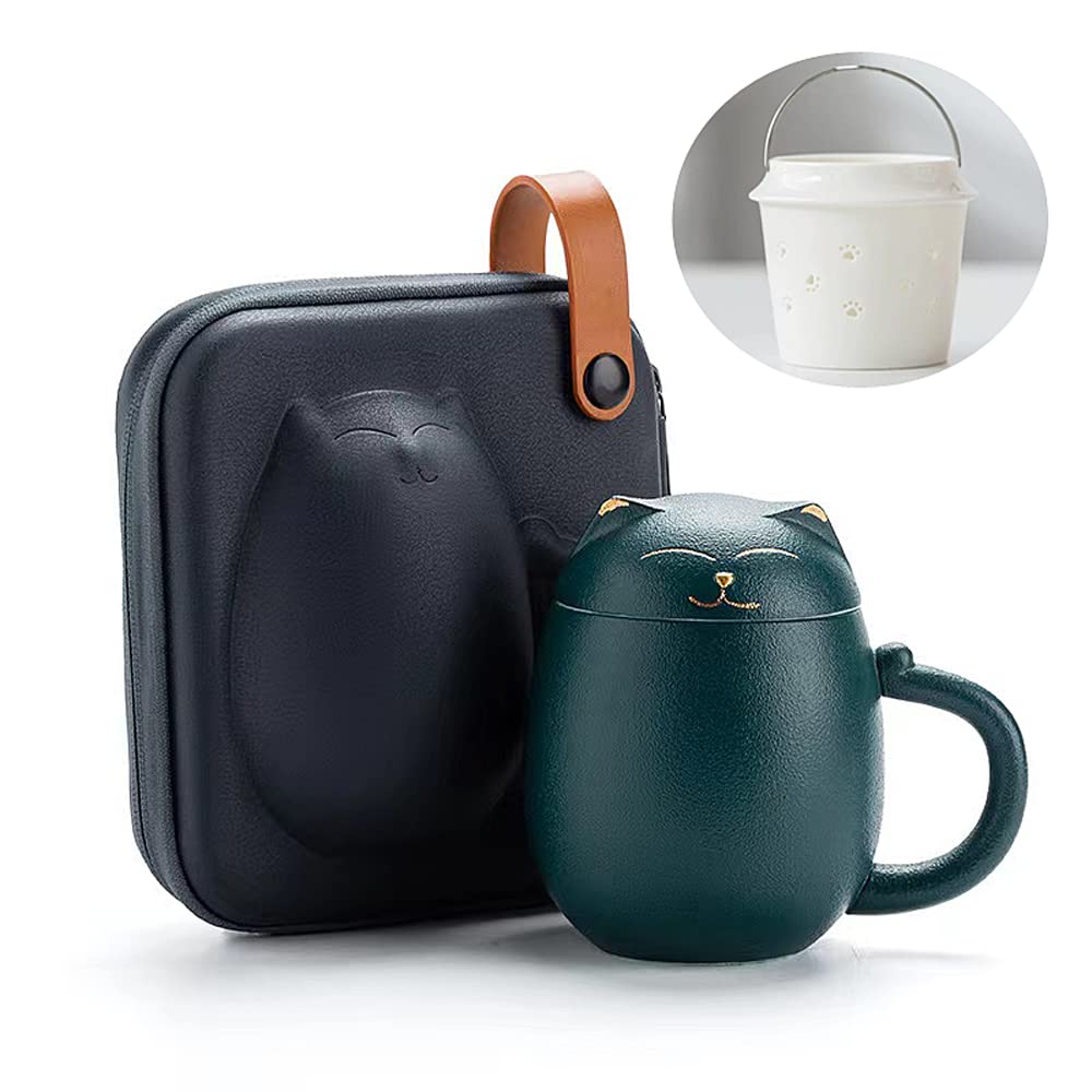 Rain HouseCute Tea Cups with Infuser and Lid, Kawaii Cat Mugs in Ceramic for Steeping Loose Leaf, Handmade Porcelain Teacup Teapot for Home Office, Portable Shatterproof Case 350ML (Green)