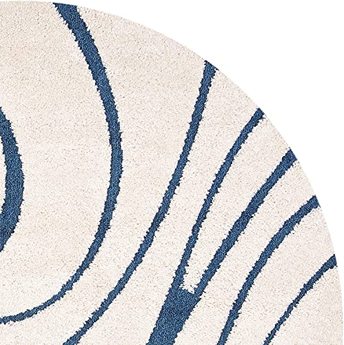 Image of Geometric Wave Round Shaggy Carpet for Living Room, Bedroom, High Low Design Finish Microfiber 1.8 Inch Pile High, 6x6 Feet Ivory|Blue Color