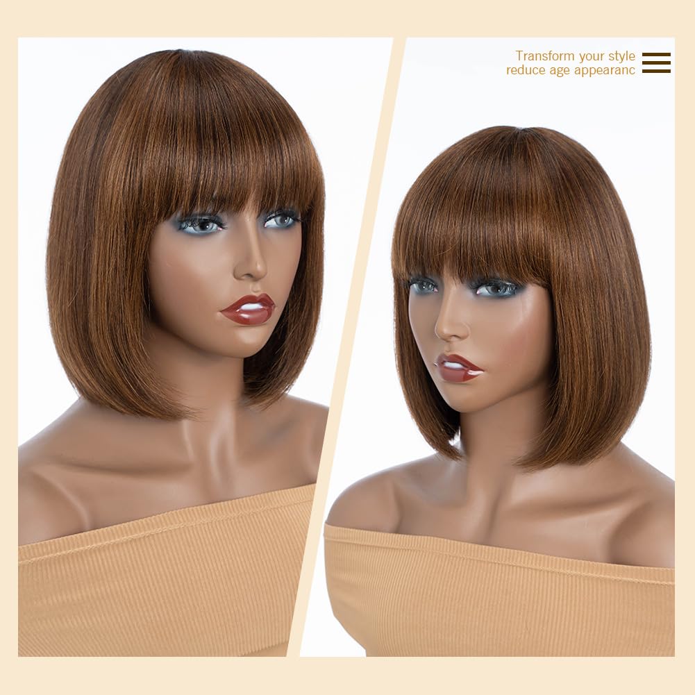 Peluca de pelo humano para mujer, pelo virgen brasileño, recto, corto, Bob Wig con Bangs Glueless Machine Made 150% Density (P4/30, 10 pulgadas)