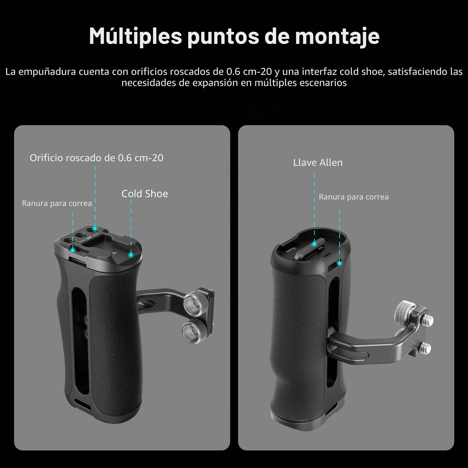 SMALLRIG Mango Lateral Mini con Tornillos de 1/4" -20 para Jaula de Cámara, Ajustable hacia Arriba y hacia Abajo, para Mano Izquierda o Derecha, con Zapata Fría Incorporada y Orificio Roscado - 4756