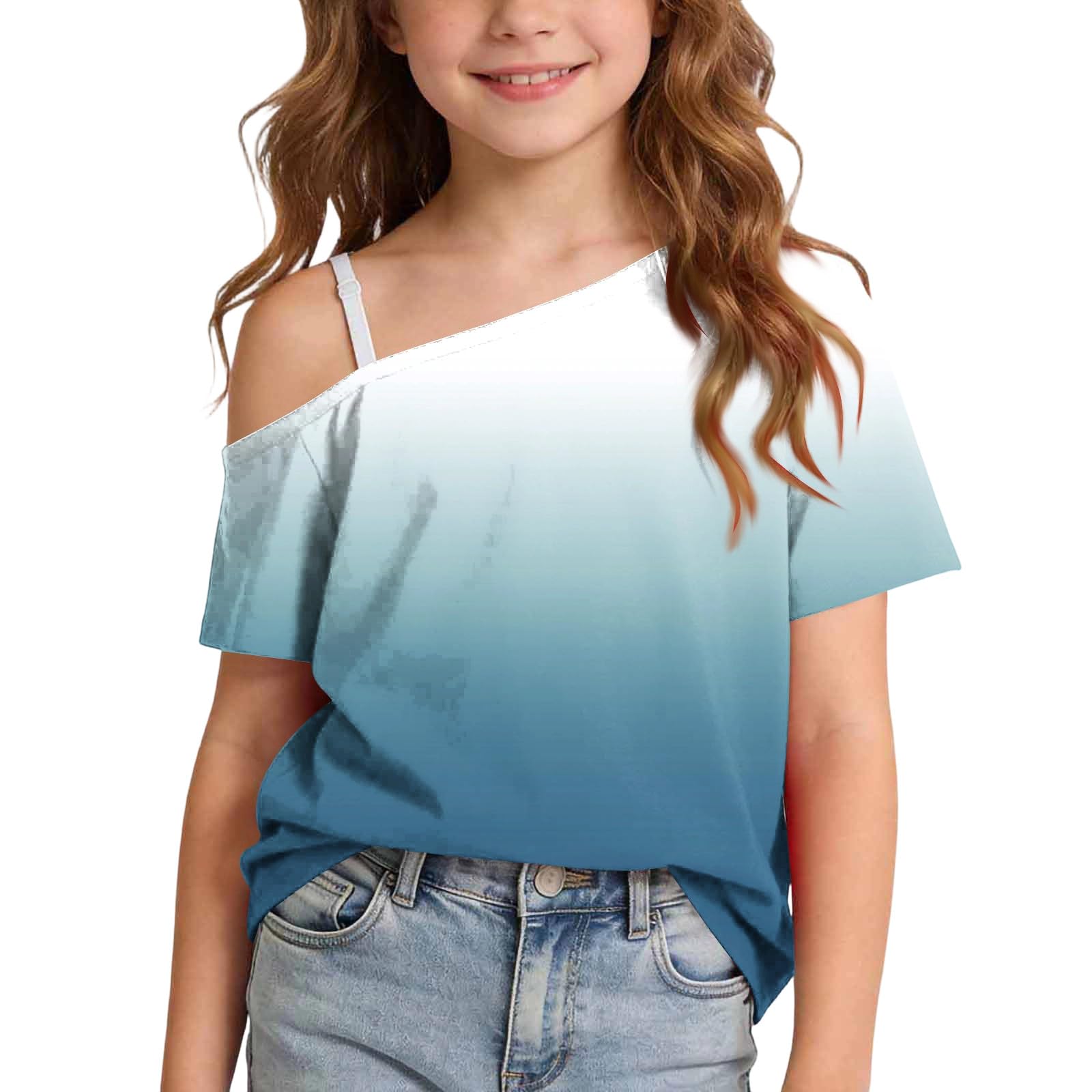 Camisetas de manga corta con hombros descubiertos para niñas, adolescentes, elegantes, transpirables, para la escuela, básicas, de un hombro, holgadas, informales, invitadas de boda, 5-14 años, Reino