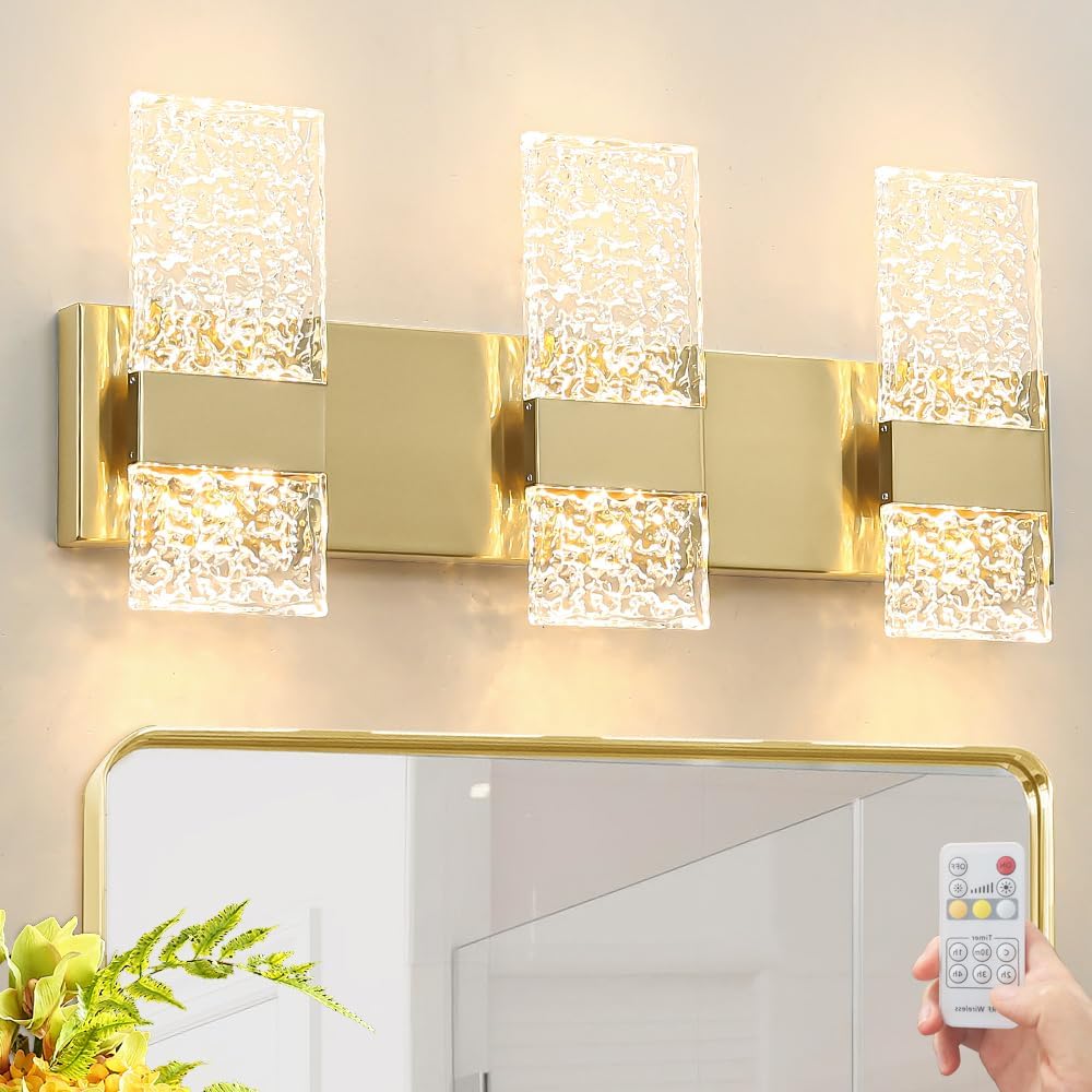 Modern Brushed Brass LED Bathroom Vanity Lighting Fixtures, Crystal Gold Light Fixtures Over Mirror, 6-Lights LED Dimmable Bathroom Wall Lamp, Acrylic Hardwired Light(H9.25in, L21.26in) 6 light M Gold