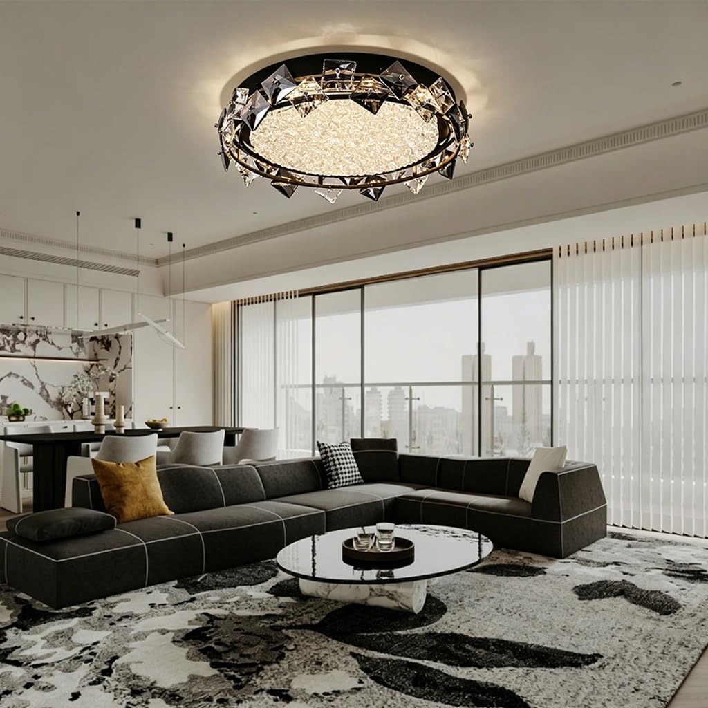 Französischer Craquelé Kristall Deckenlampen Italienische runde dimmbare LED Deckenleuchte Acryl Sand schwarz 3000-6000K Geeignet für Esszimmer Wohnzimmer Schlafzimmer und Arbeitszimmer