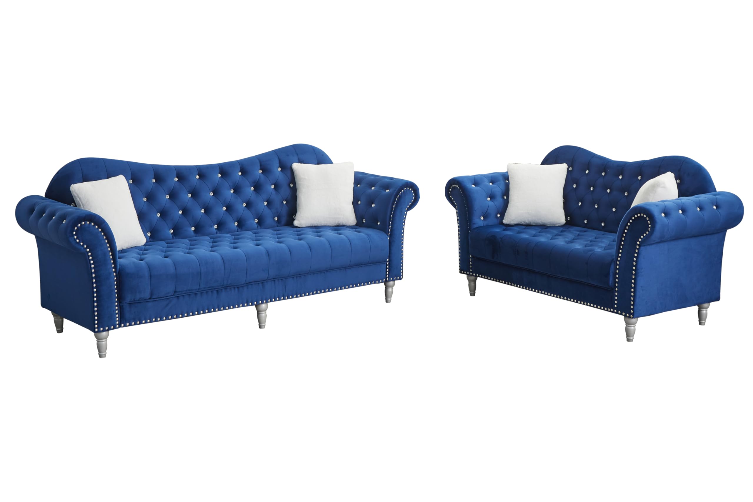 Hybition Modern Velvet Sofa Set Button Tufted Sofa and Loveseat with Bolster Pillows Wooden Legs-Blue