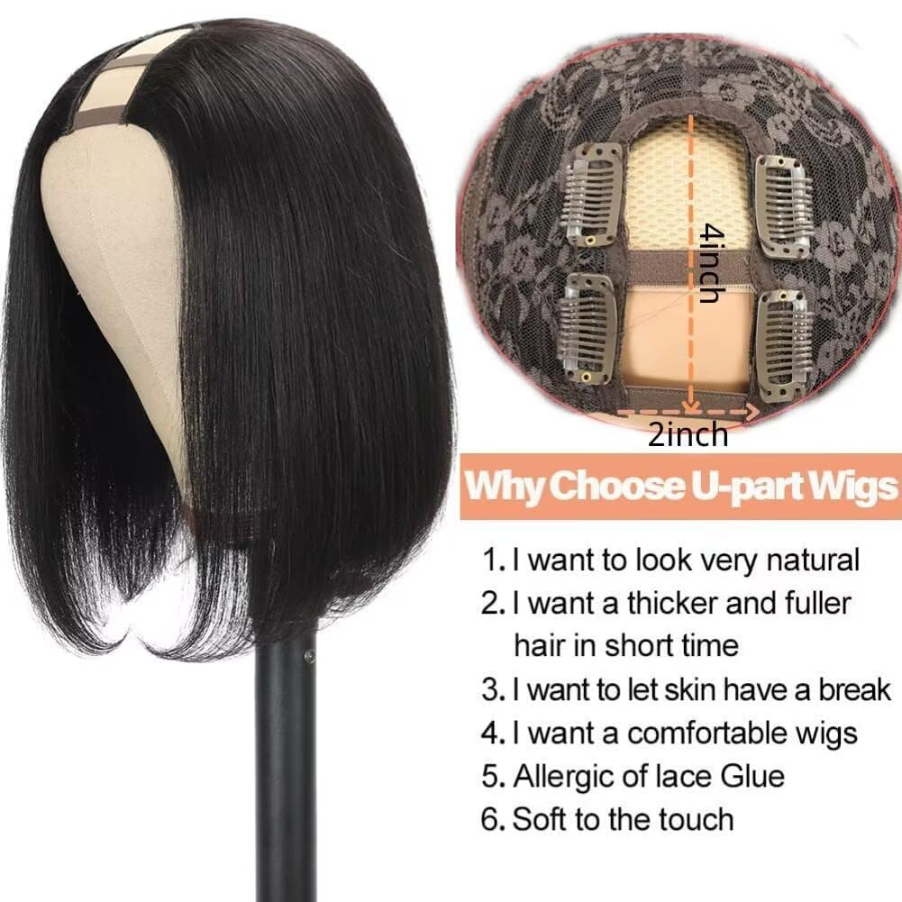 Nera Parrucca Bob 12" Parrucche Per Le Donne U Part Bob Wig Human Hair For Women Gift For Her (Nero, 30cm)