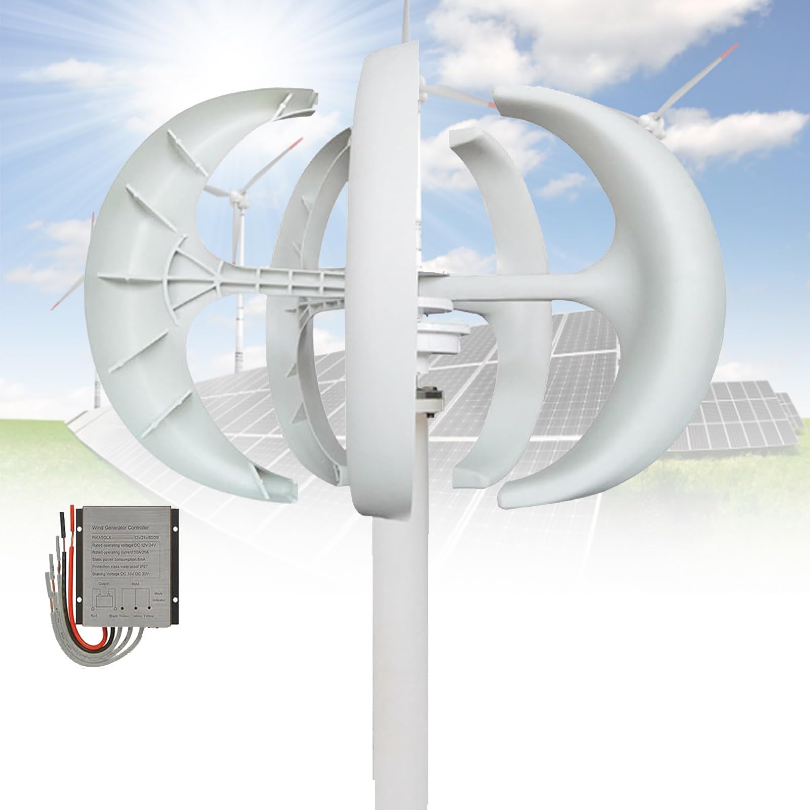 Generador de Turbina Eólica Vertical Sin Ruido de 16000W Aerogeneradores 12V 24V 48V Kit De Generador de Turbina Eólica Vertical Portátil con Controlador para Uso Doméstico Residencial(White,24V)