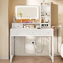 ODK Schminktisch mit Verstellbarem LED-Spiegel, Toilettentisch mit 4 Stoffschubladen, Schminktisch mit Eingebautem USB-Anschluss, Weiß Make-up-Tisch 100×40×140cm