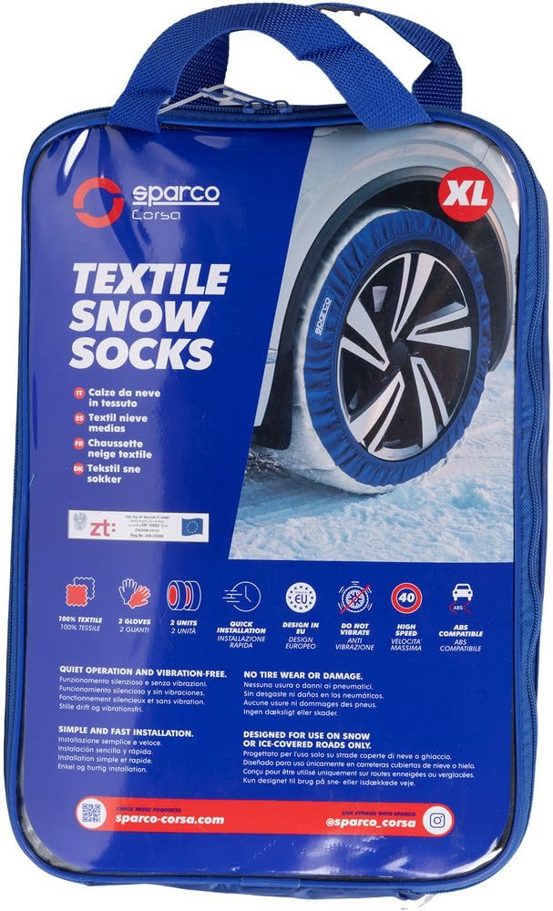 Sparco Set di 2 Calze da Neve in Tessuto Bianco Silenziose - Taglia XL | Facili da Montare, Massima Aderenza su Strada