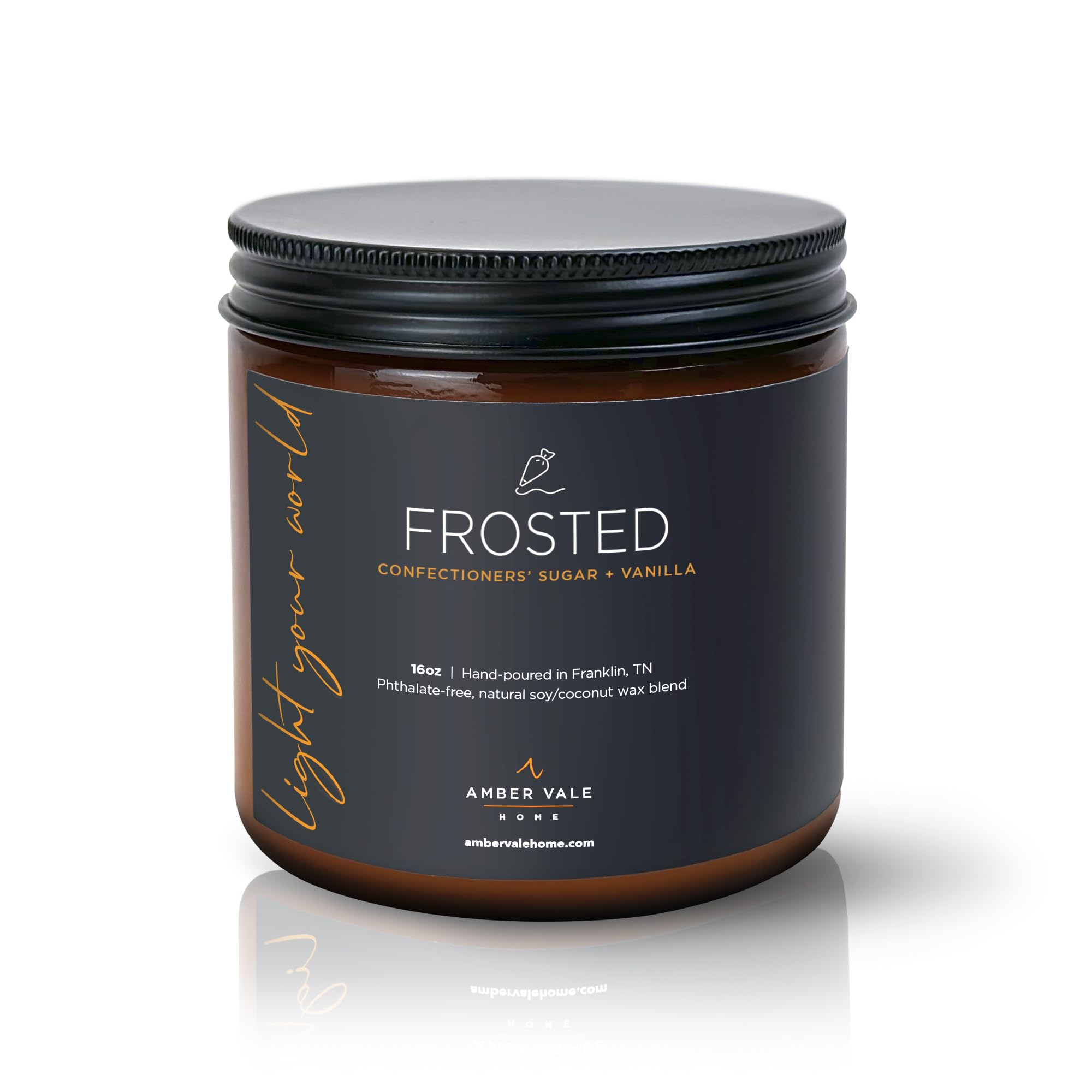 Amber Vale HomeFrosted, Confectioners’ Sugar and Vanilla Scented Natural Soy and Coconut Wax Candle, Phthalate Free, Non-Toxic and Healthy Clean Burning, 16oz Jar