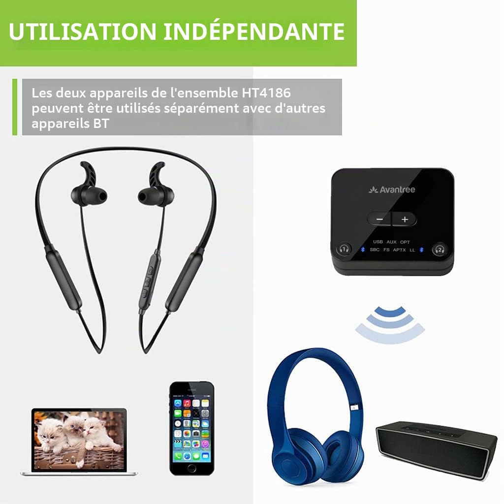 Avantree HT4186 Casque sans fil pour TV avec Transmetteur Bluetooth, Ecouteur Bluetooth pour Télévision, Support Audio Optique, RCA, AUX 3.5mm, Plug & Play, Low Latency pour PC & Gaming, Longue portée