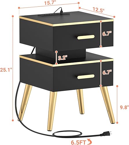 Miniatura 2 de Mesita de noche LED con estación de carga, mesita de noche negra con estación de carga, moderna mesita de noche con cajones, mesa auxiliar para