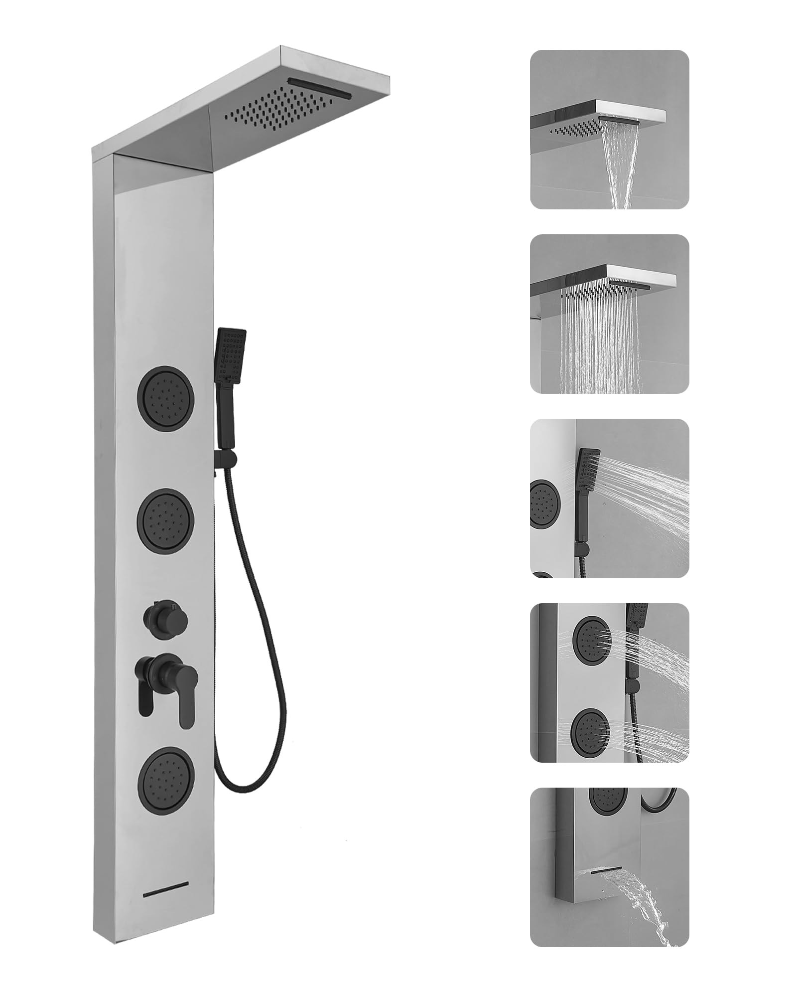 Sxithgkdw Brushed Nickel 5 In 1 Shower Panel Shower Tower System With Rainfall Waterfall Shower Head 3 Body Jets Handheld Shower Head And Tub Spout Modern Massage Shower System By