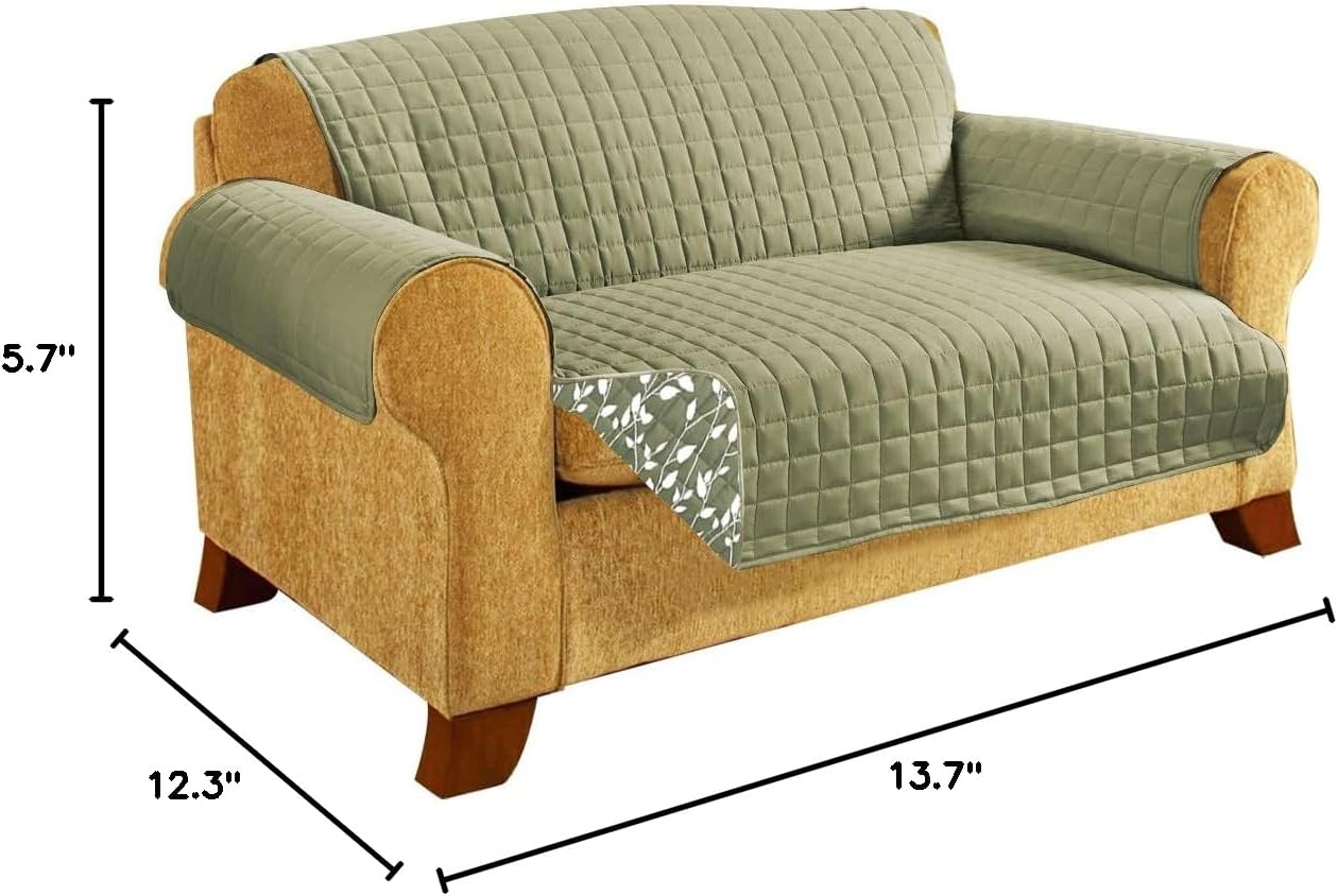 CELINE LINEN Quilted Furniture Protector for Pet Dog Children Kids -2 Ties to Stop Slipping Off Treatment Microfiber As Soft as Egyptian Cotton, Green Leaf Sofa