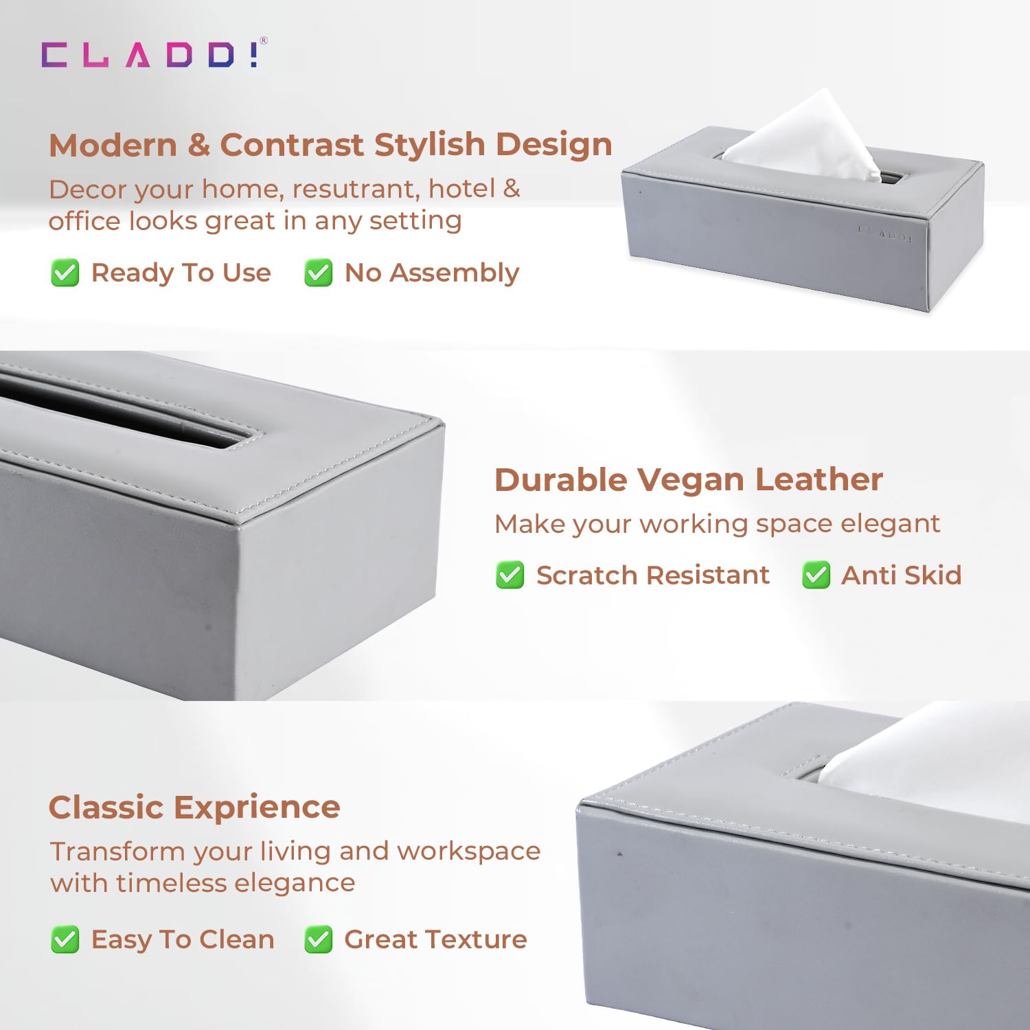CLADD INTERNATIONAL Vegan Leather Handcrafted Rectangular Tissue Paper Box Cover | Regular Facial Napkin Holder | Organizer Case | Office Desk Gift Home Table Decor Car Hotel & Restaurant | Grey