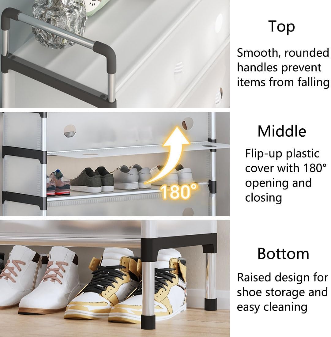 Shoe Rack, 3-7 Tier Reversible Shoes Storage Cabinet with Plastic Doors and 50 Disposable Shoe Covers, Metal Storage Organizer Shelf for Entryway Hallway, Easy to Build(White,50 cm/19.69 in(5-Tier))