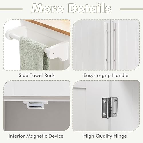 Miniatura 9 de SILKYDRY Isla de cocina con almacenamiento, carrito de almacenamiento de cocina con estantes ajustables, parte superior de madera de goma, toallero,