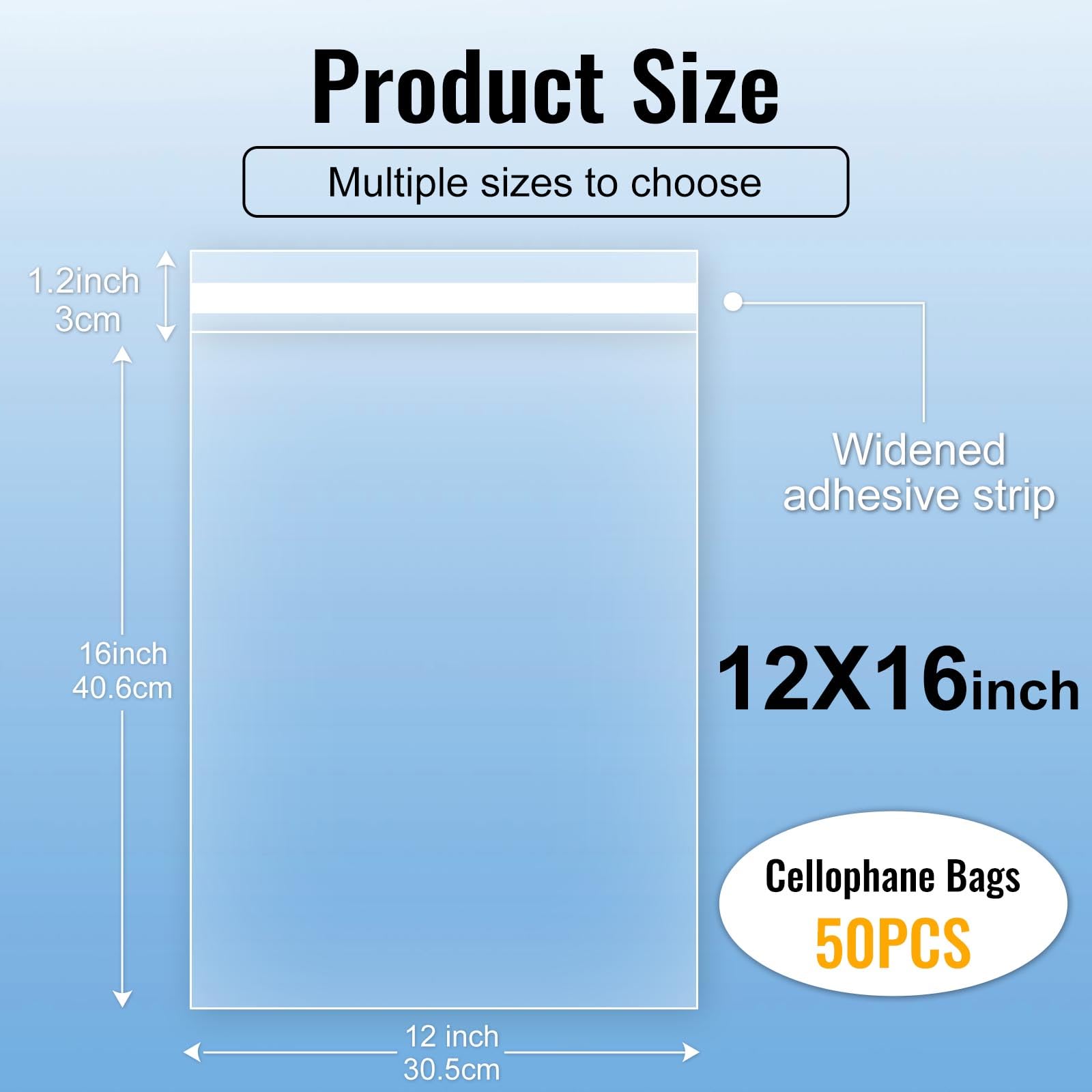 MORIDA Bolsas de celofán transparente autoadhesivas de 12 x 16 pulgadas, 50 bolsas de galletas, bolsas de caramelos, bolsas de golosinas resellables, bolsas de plástico autosellables para regalos,