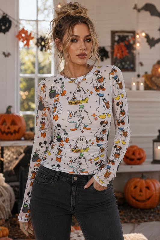 Image of Halloween Shirt Women Spooky Season See Through Mesh Long Sleeve Top