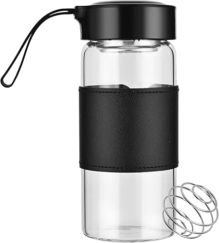 Pequeña botella coctelera de vidrio, 16 onzas, sin BPA, sin olor, con bola mezcladora 304SS y cepillo de limpieza extraíble para fitness y batidos