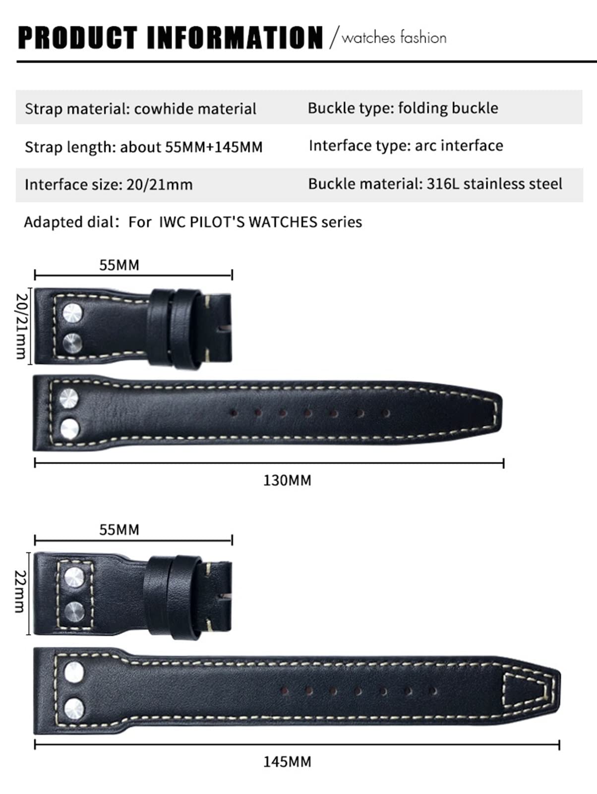22 mm nity pasek do zegarka z prawdziwej skóry pasuje do IWC Big Pilot TOP GUN Watch IW3777 skórzany pasek ze skóry cielęcej, Rose Buckle, Agat