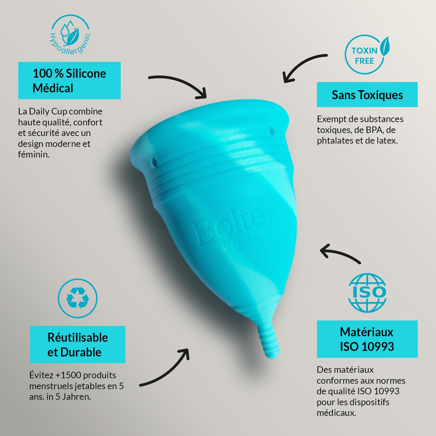 Coupe menstruelle DAILY CUP ALL-IN-ONE SET de BOLTEX MEDICAL. Conçue pour Confort Quotidien. Comprend un Stérilisateur, 3 Coupes DAILY CUP : Tailles S, M, L et une Pochette
