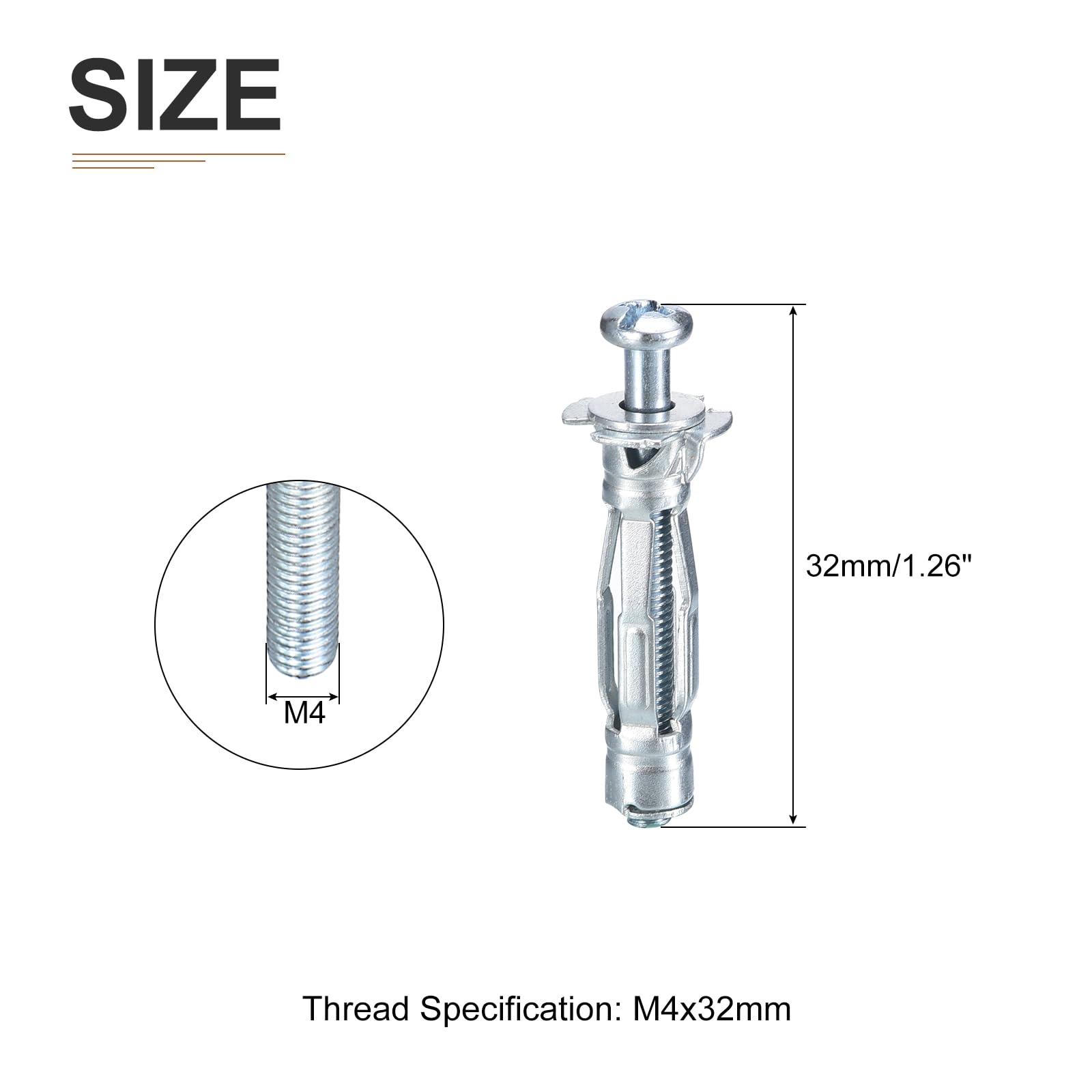 DTGN M4x32mm Hollow Wall Anchors - 20 Pack - Good for Hollow Wall Plaster Walls - Carbon Steel Hollow Drywall Anchors Screws, Silver - Image 2
