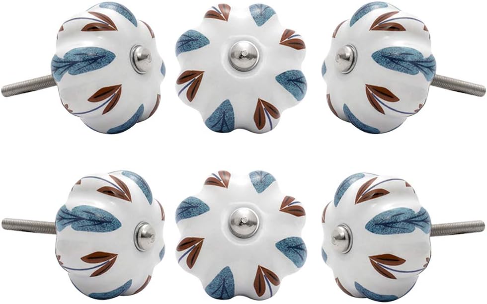 6PCS White Ceramic Cabinet Knobs Set Dresser Drawer Cupboard Pull Handle with Screws (Mulberry Leaf)
