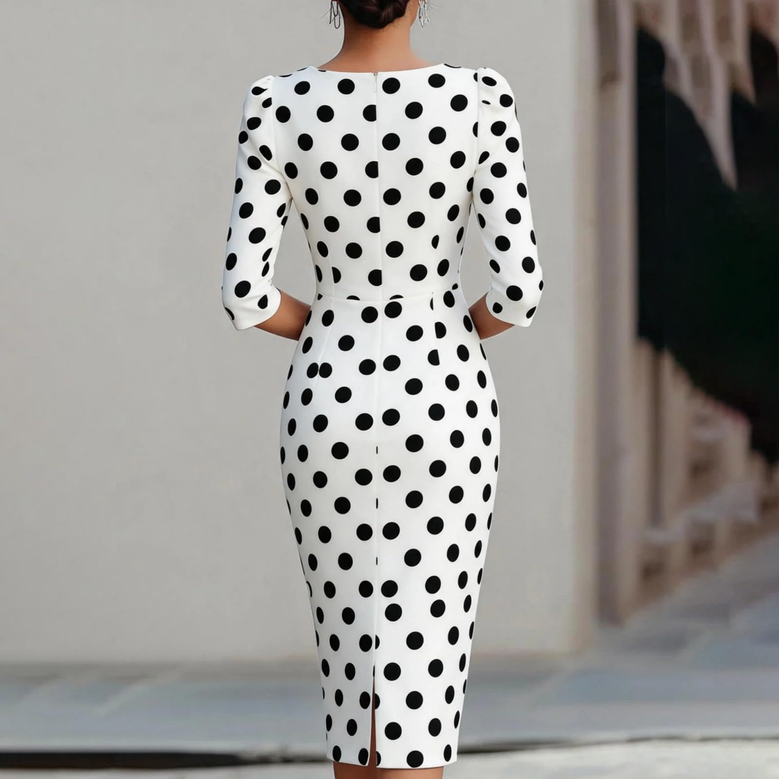 Abito estivo da donna, lunghezza al ginocchio, elegante, linea ad A, a pois, con maniche a 3/4, stile urbano, classico, slim fit, scollo rotondo, abbigliamento da lavoro per anziani