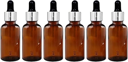 30 ML Amber Round Empty Glass Bottle + Glass Dropper + Silver Ring + Black Silicone Teat, Refillable, Reusable, Leak Proof for Essential Oils, Blends, DIY Perfumes (Pack of 6)