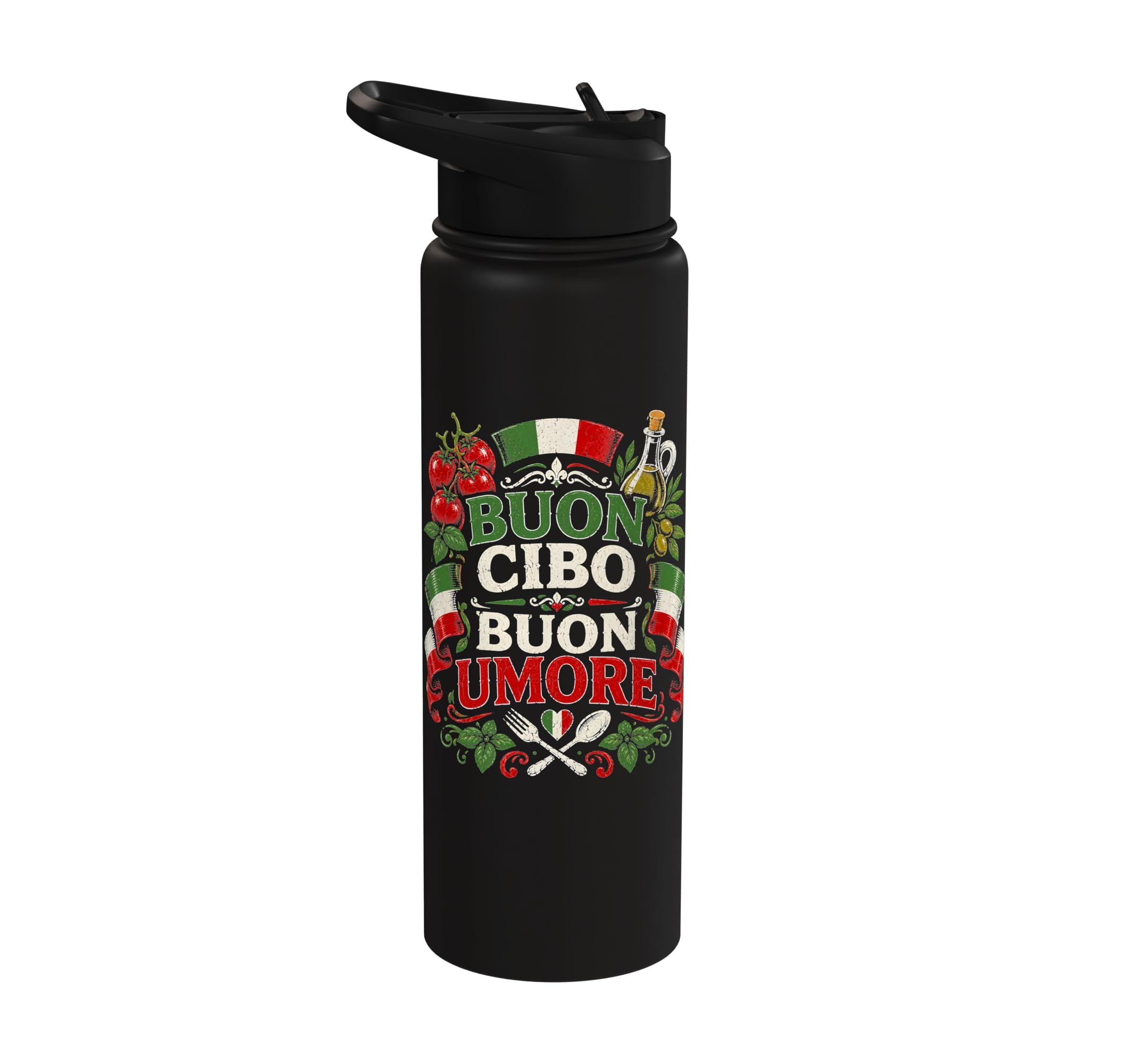 Buon Cibo Buon Umore Italian Food Italy Cuisine Stainless Steel Insulated Water Bottle by Italia Pasta Lovers Souvenirs – 30 Ounces, 30 fluid_ounces, Stainless Steel, Black