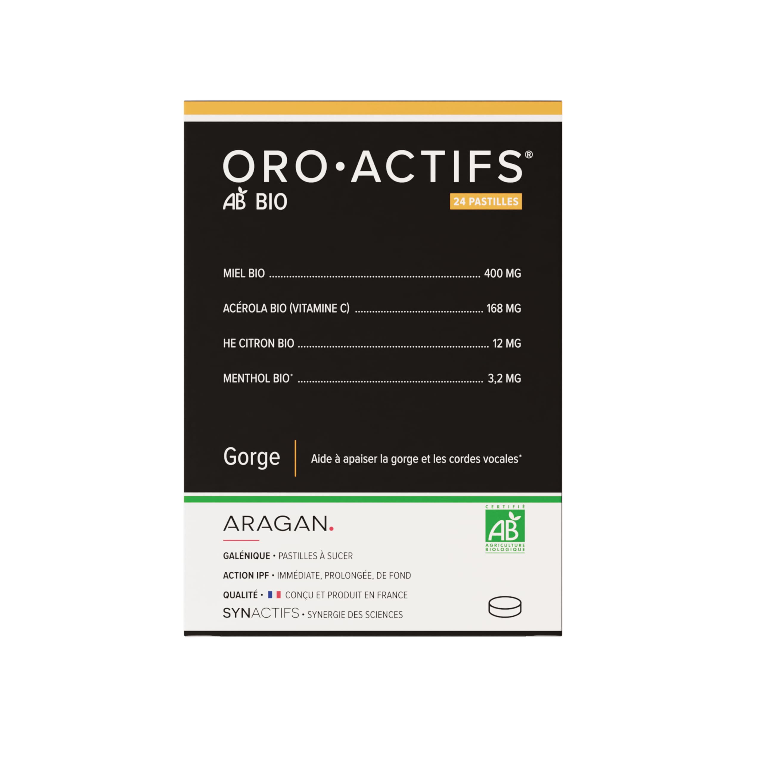 ARAGAN - Oroactifs Bio - Maux de Gorge Complément Alimentaire - Miel, Acérola, Menthol, Huile essentielle de citron - 6 à 24 jours de prise - Fabriqué en France