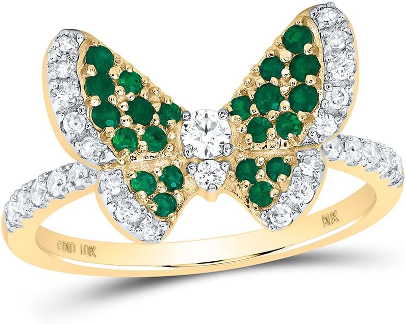 Jewels By Lux 10kt Yellow Gold 1/3 Cttw Diamond and 1/3 Cttw Round Emerald Nat-gem Wedding Engagement Anniversary Butterfly Ring, Women Size: 5-9