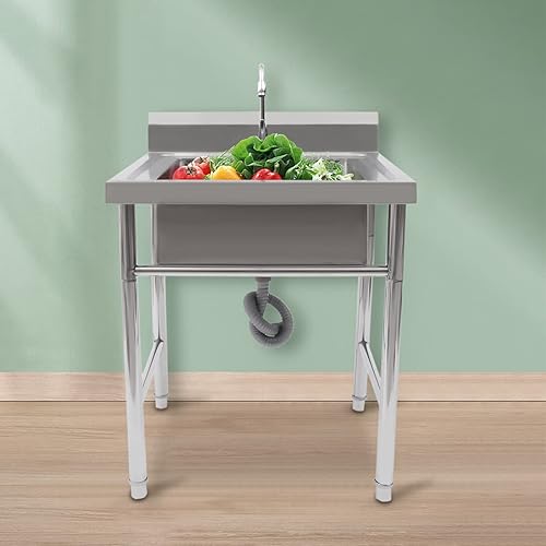 Miniatura 6 de Fregadero de un solo cuenco, juego de fregadero de cocina de restaurante comercial con grifo y escurridor, 1 compartimento para lavabo de mano con