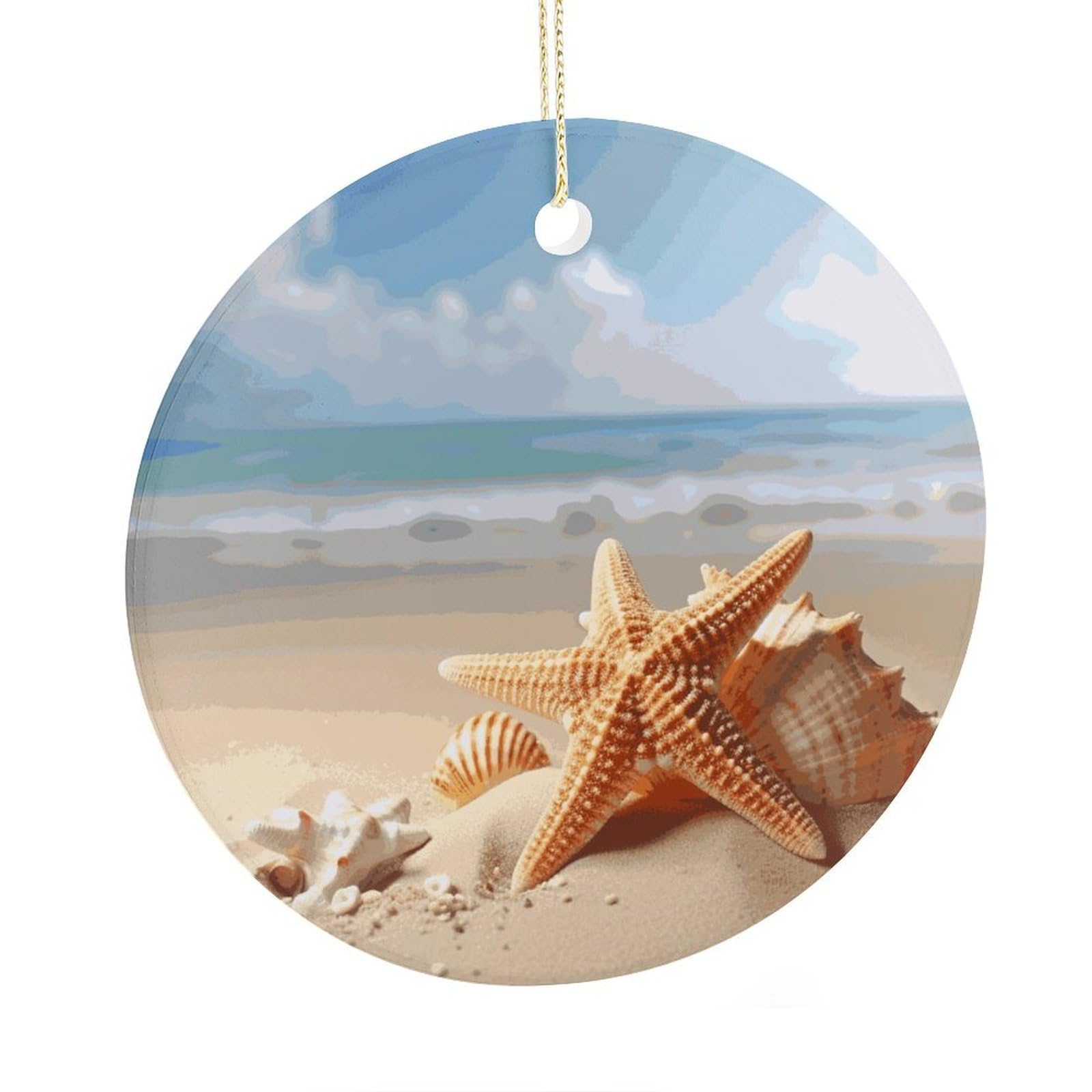 Adfgyerh Style Summer Starfish Seashell Ceramic Circular Pendant,2.9 Inch，Hanging Ornament，Gift Exchange Idea Round Ceramic Ornament,For Mom And Daughter，For Home Indoor Outdoor Decor.