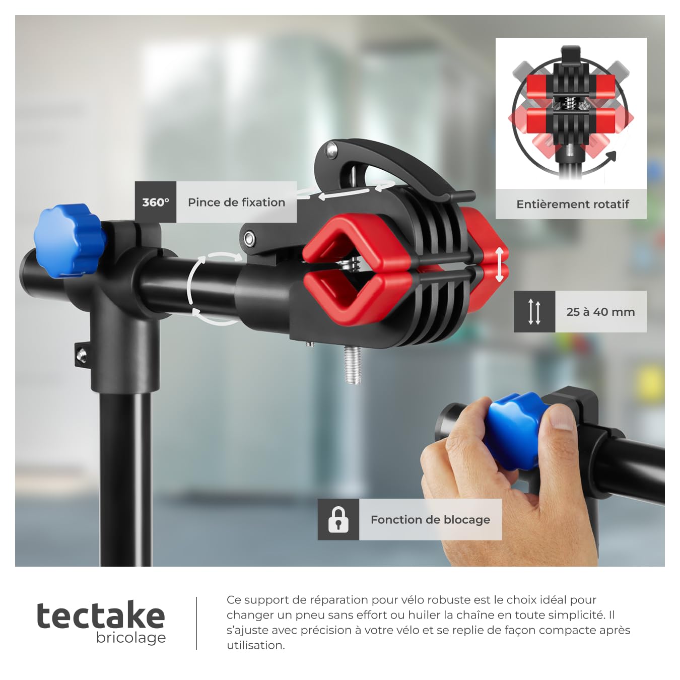 tectake® Support Velo Pieds d'atelier Support Vélo, Montage Entretien Reparation VTT Vélo electrique Velo de course, Charge max. 25kg Réglable Pliable - 85 cm x 85 cm x 200 cm